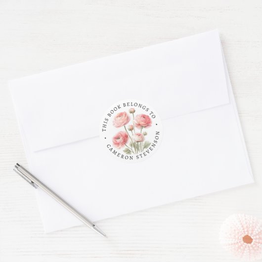 Pink ranunculus flower library book label ラウンドシール (封筒)