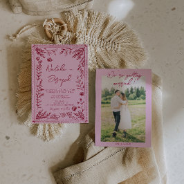 Pink Raspberry Drawn Floral Garden Photo Wedding   招待状