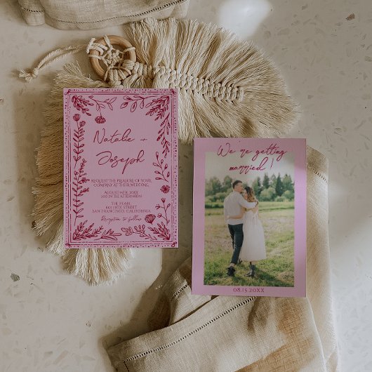 Pink Raspberry Drawn Floral Garden Photo Wedding   招待状