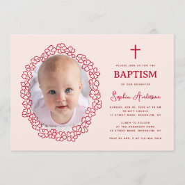 Pink Red Baptism with Girl Photo in Floral Wreath 招待状