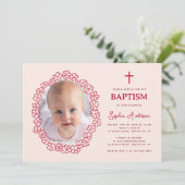Pink Red Baptism with Girl Photo in Floral Wreath 招待状 (スタンド正面)
