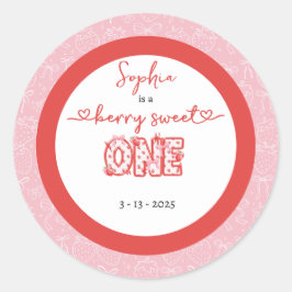 Pink Red Berry Sweet One Girl 1st Birthday ラウンドシール