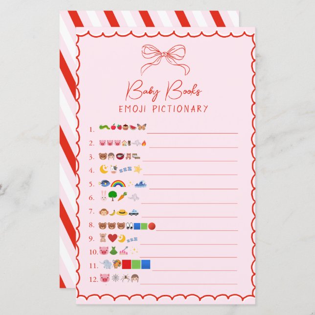 Pink & Red Bow Baby Books Emoji Pictionary Game (正面/裏面)