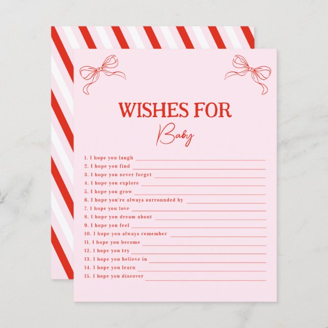 Pink Red Bow Christmas Wishes For Baby Advice Card (正面/裏面)