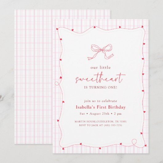 Pink Red Bow Little Sweetheart First Birthday 招待状 (正面/裏面)