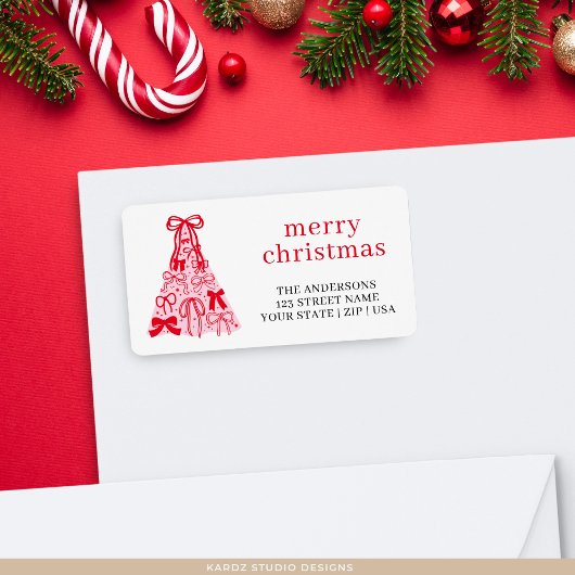 Pink Red Bow Merry Christmas Address Label ラベル