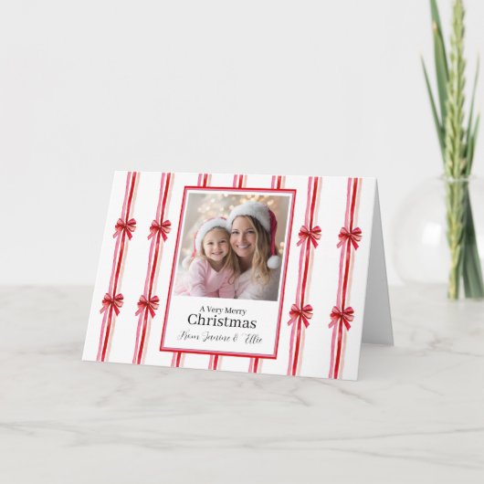 Pink Red Bows Photo Christmas シーズンカード (正面)