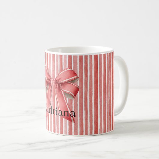 Pink Red Candy Cane Stripes Bow コーヒーマグカップ (正面右)