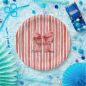 Pink Red Candy Cane Stripes Bow Bridal Shower ペーパープレート (パーティー)