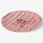 Pink Red Candy Cane Stripes Bow Bridal Shower ペーパープレート (アングル)