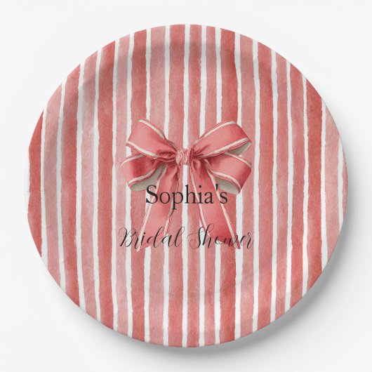 Pink Red Candy Cane Stripes Bow Bridal Shower ペーパープレート (正面)