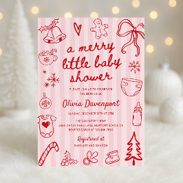 Pink Red Christmas Doodle Merry Little Baby Shower 招待状