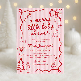 Pink Red Christmas Doodle Merry Little Baby Shower 招待状