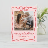 Pink & Red Coquette Bow Christmas 4 Photo Family シーズンカード (スタンド正面)