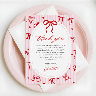 Pink Red Coquette Bow Valentine Baby Shower サンキューカード