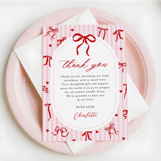 Pink Red Coquette Bow Valentine Baby Shower サンキューカード