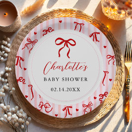 Pink Red Coquette Bow Valentine Baby Shower ペーパープレート