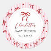 Pink Red Coquette Bow Valentine Baby Shower ラウンドシール (正面)