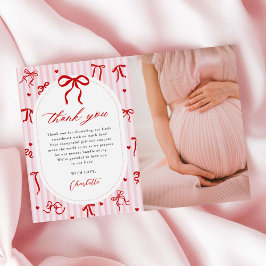 Pink Red Coquette Bow Valentine Baby Shower Photo サンキューカード