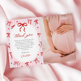 Pink Red Coquette Bow Valentine Baby Shower Photo サンキューカード