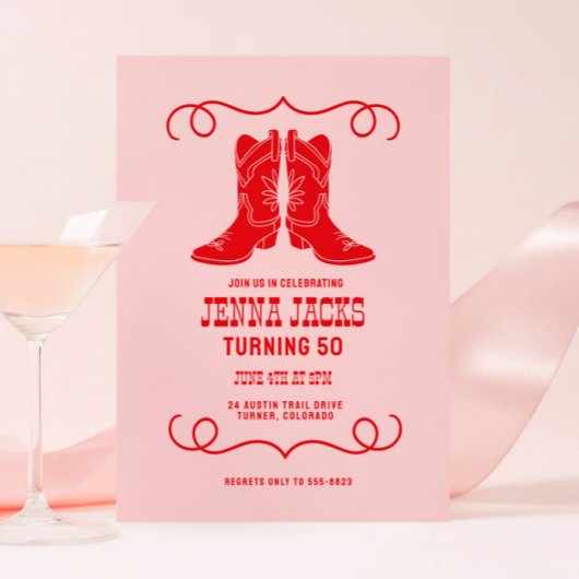 Pink Red Cowgirl Boots Ladies Birthday Party 招待状