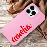 Pink red custom name bold script Case-Mate iPhone 14 pro maxケース<br><div class="desc">Phone cover featuring your name in a red script font on a pink background. Bold and colorful design.</div>