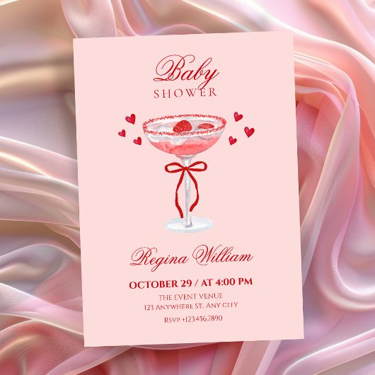 Pink red cute bow cocktail baby shower 招待状
