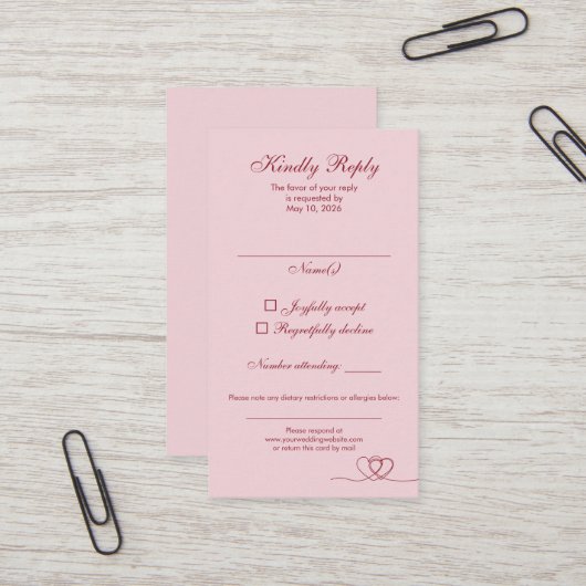 Pink Red Elegant Calligraphy Wedding RSVP Card 名刺 (正面/裏面インサイチュ)