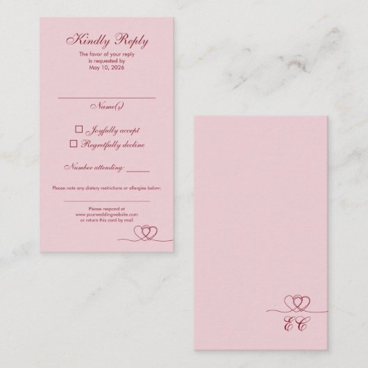 Pink Red Elegant Calligraphy Wedding RSVP Card 名刺 (正面/裏面)