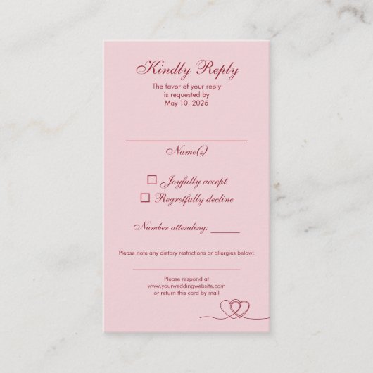 Pink Red Elegant Calligraphy Wedding RSVP Card 名刺 (正面)