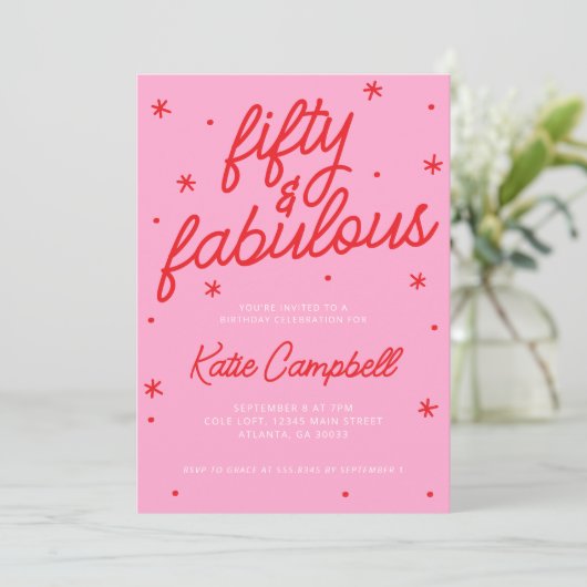 Pink Red Fifty and Fabulous 50th Birthday  招待状 (スタンド正面)