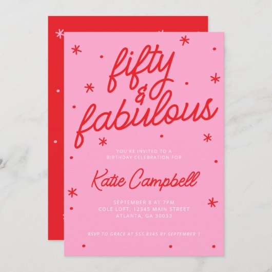 Pink Red Fifty and Fabulous 50th Birthday  招待状 (正面/裏面)