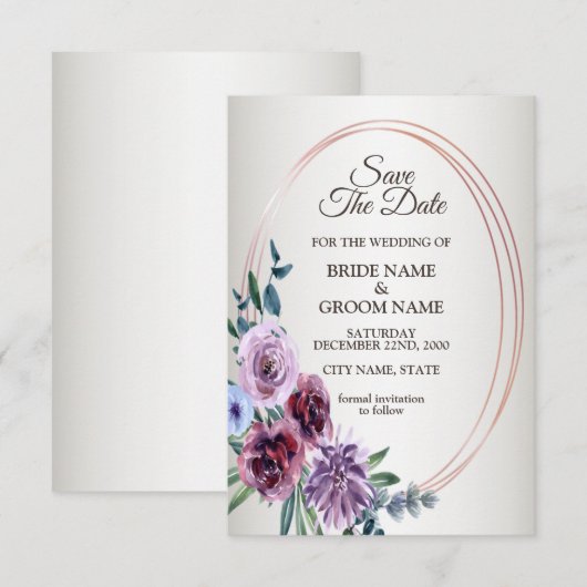 Pink Red Floral Geometric Watercolor Wedding セーブザデート (正面/裏面)