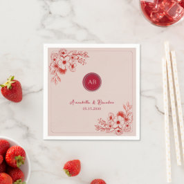 Pink Red Floral Monogram Wedding スタンダードカクテルナプキン