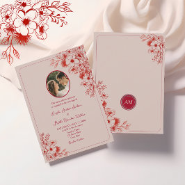 Pink Red Floral Photo Wedding 招待状