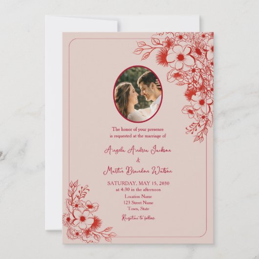 Pink Red Floral Photo Wedding 招待状 (正面)