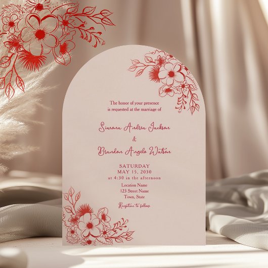 Pink Red Floral QR Code Wedding 招待状
