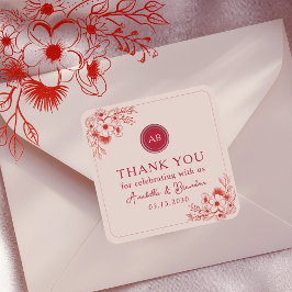 Pink Red Floral Wedding Thank You スクエアシール