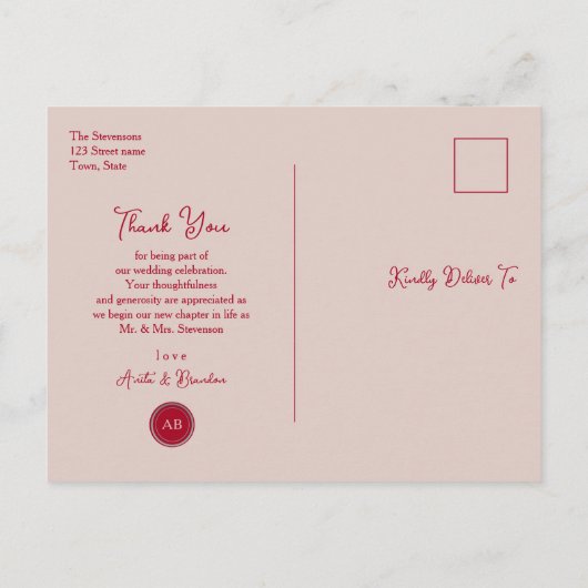 Pink Red Floral Wedding Thank You ポストカード (裏面)