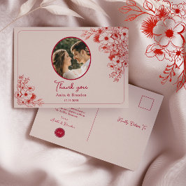 Pink Red Floral Wedding Thank You ポストカード