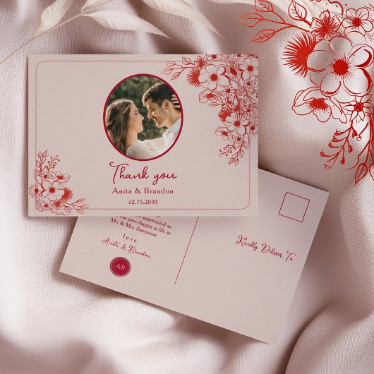 Pink Red Floral Wedding Thank You ポストカード