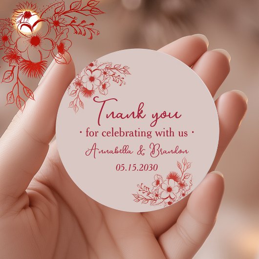 Pink Red Floral Wedding Thank You ラウンドシール