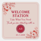 Pink Red Floral Welcome Station スクエアシール (正面)