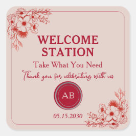 Pink Red Floral Welcome Station スクエアシール