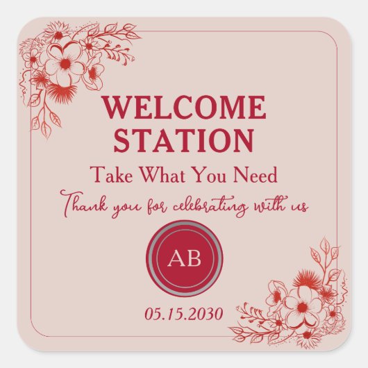 Pink Red Floral Welcome Station スクエアシール (正面)