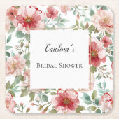 Pink Red Flowers Bridal Shower   スクエアペーパーコースター (正面)