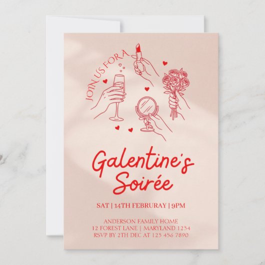 Pink & Red Galentine’s Day Party Invitation Templa 招待状 (正面)