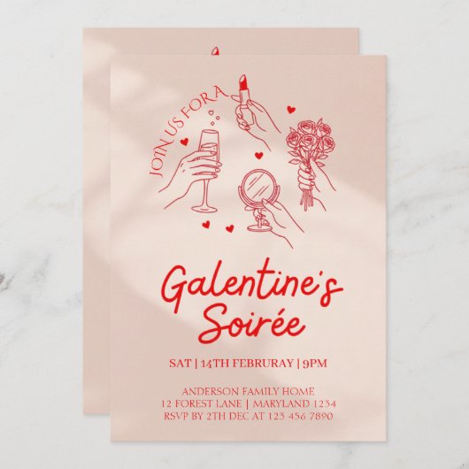 Pink & Red Galentine’s Day Party Invitation Templa 招待状 (正面/裏面)