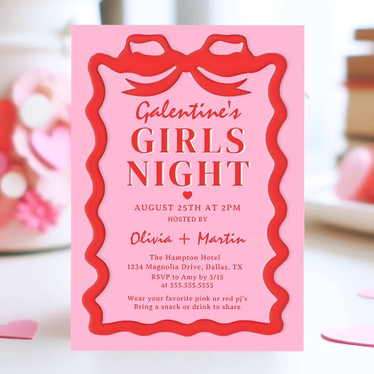 Pink Red Galentine's Girls Night Party Invitation 招待状