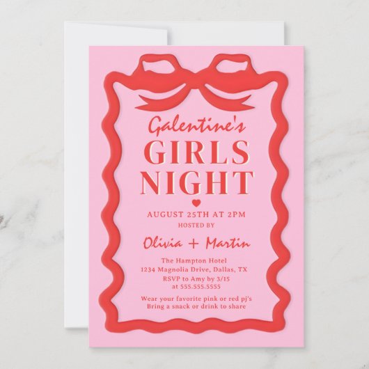 Pink Red Galentine's Girls Night Party Invitation 招待状 (正面)